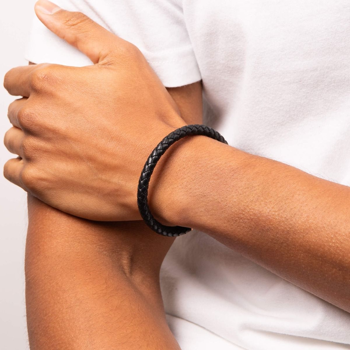 Fred Bennett Plaited Black Leather And Rose Gold IP Hexagon Clasp