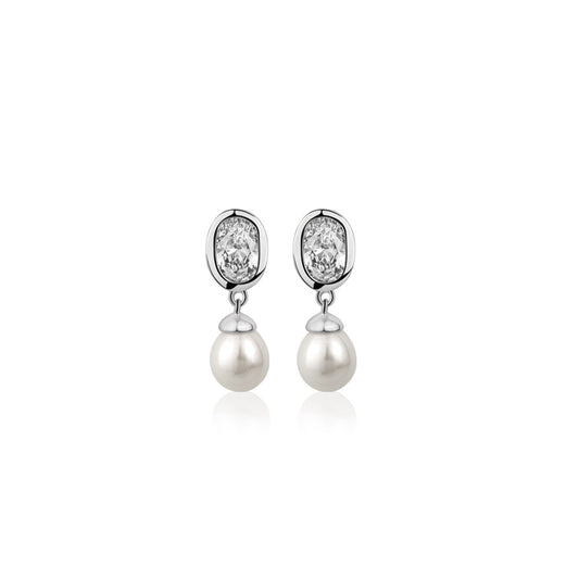  Newbridge Silver Pearl Drop Earrings With Clear Stones