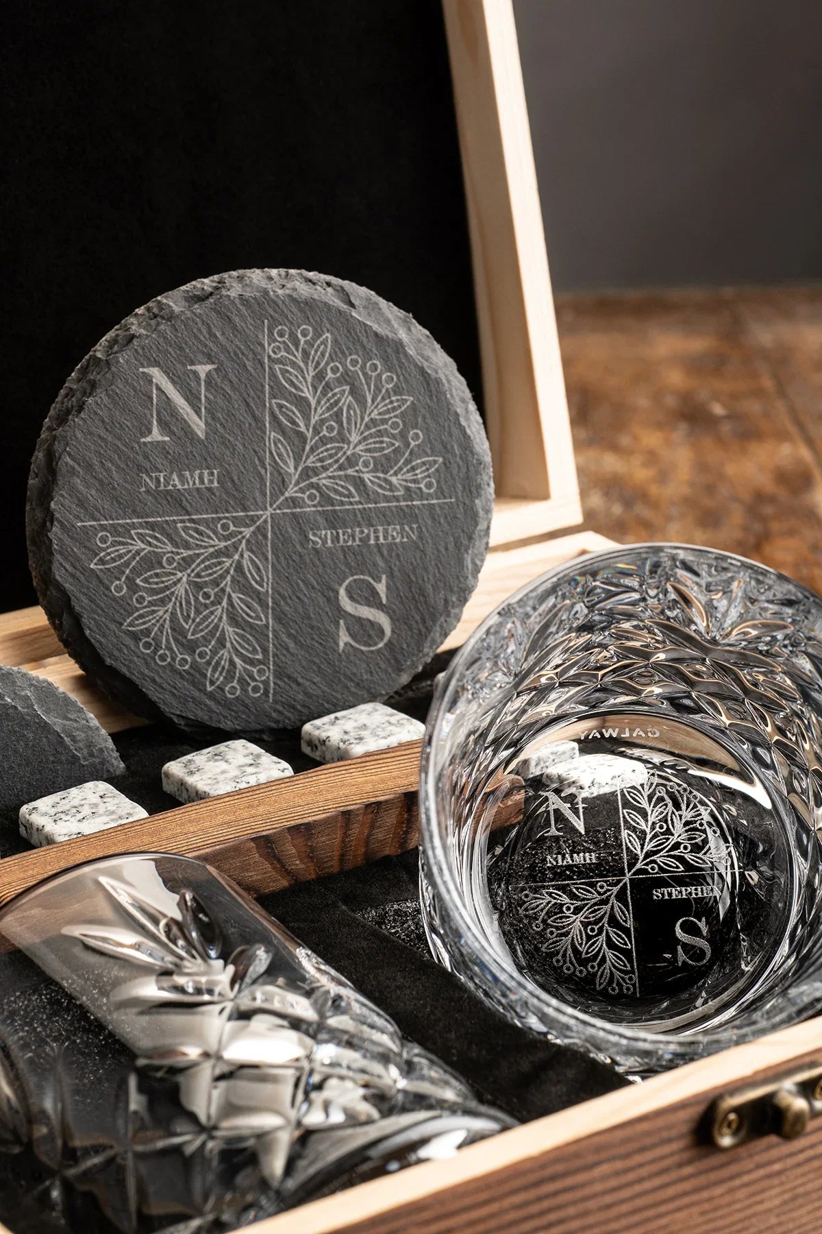  Galway Crystal Renmore Whiskey Gift Set Bamboo Box - Engravable
